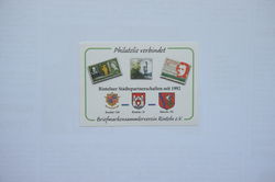 Zum Jubiläum: Aufkleber mit drei Briefmarken für drei befreundete Städte aus drei Ländern: Shakespeare für Kendal, Robert Koch für Rinteln und Chopin für Slawno.